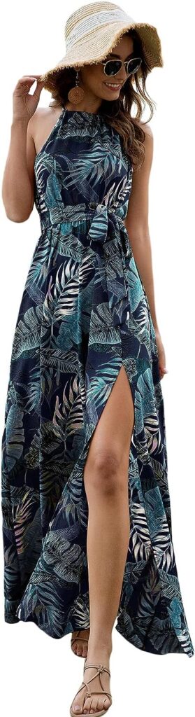 Floerns Womens Summer Tropical Floral Print Halter Neck Split Maxi Dress
