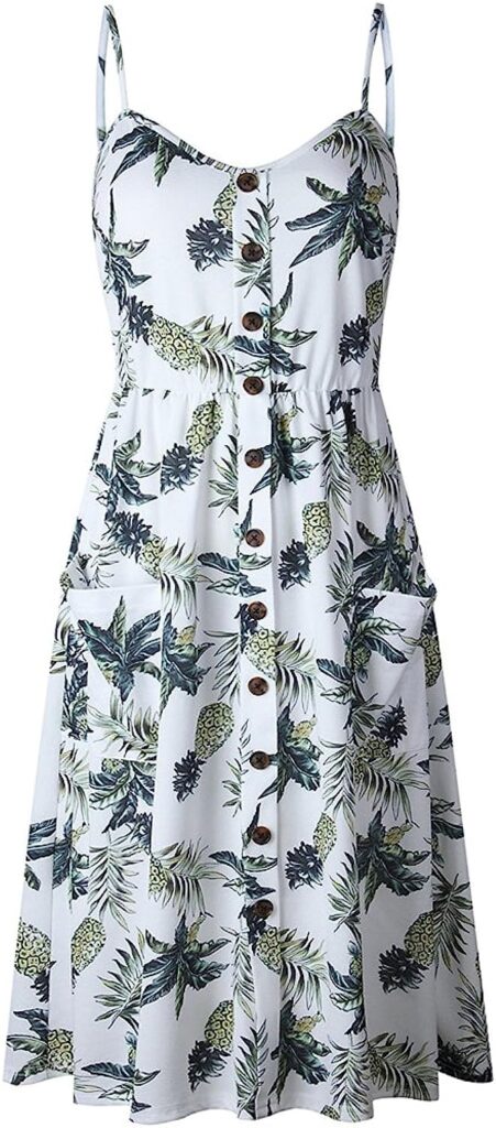 Halife Womens Summer Dresses Casual Spaghetti Strap Floral Button Down Swing Midi Dress with Pockets