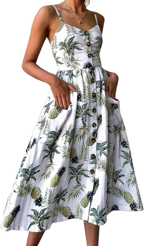 Halife Womens Summer Dresses Casual Spaghetti Strap Floral Button Down Swing Midi Dress with Pockets