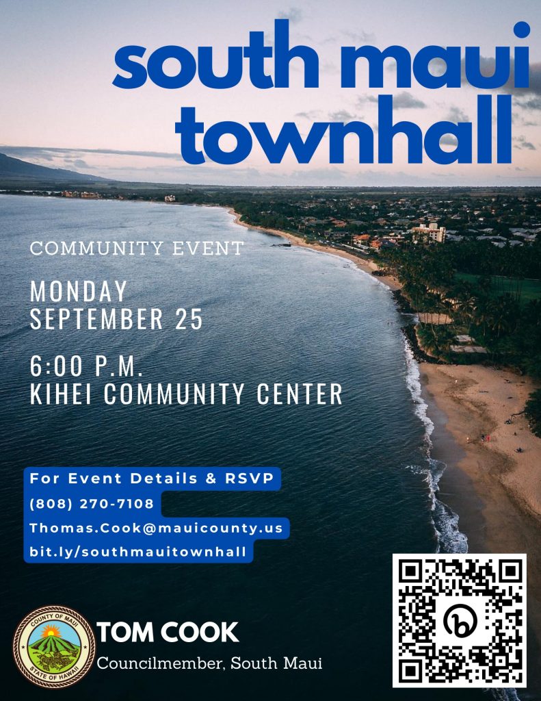Councilmember Tom Cook to host South Maui community townhall, Sept. 25 Councilmember Tom Cook to host South Maui community townhall, Sept. 25