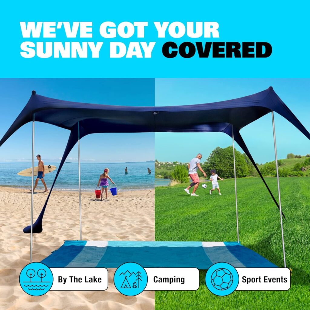 SUN NINJA Beach Tent Sun Shelter with UPF50+ Protection, Includes Sand Shovel, Ground Pegs and Stability Poles, Outdoor Pop Up Beach Shade Canopy for Camping, Fishing, Backyard Fun or Picnics SUN NINJA Beach Tent Sun Shelter with UPF50+ Protection, Includes Sand Shovel, Ground Pegs and Stability Poles, Outdoor Pop Up Beach Shade Canopy for Camping, Fishing, Backyard Fun or Picnics