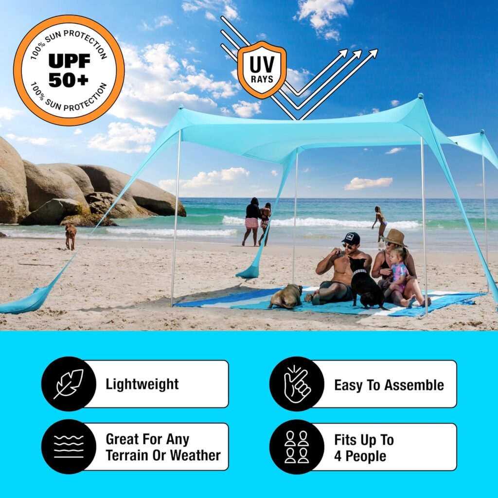 SUN NINJA Beach Tent Sun Shelter with UPF50+ Protection, Includes Sand Shovel, Ground Pegs and Stability Poles, Outdoor Pop Up Beach Shade Canopy for Camping, Fishing, Backyard Fun or Picnics SUN NINJA Beach Tent Sun Shelter with UPF50+ Protection, Includes Sand Shovel, Ground Pegs and Stability Poles, Outdoor Pop Up Beach Shade Canopy for Camping, Fishing, Backyard Fun or Picnics