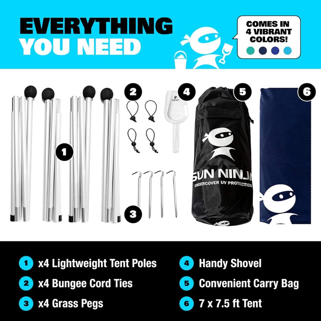 SUN NINJA Beach Tent Sun Shelter with UPF50+ Protection, Includes Sand Shovel, Ground Pegs and Stability Poles, Outdoor Pop Up Beach Shade Canopy for Camping, Fishing, Backyard Fun or Picnics SUN NINJA Beach Tent Sun Shelter with UPF50+ Protection, Includes Sand Shovel, Ground Pegs and Stability Poles, Outdoor Pop Up Beach Shade Canopy for Camping, Fishing, Backyard Fun or Picnics