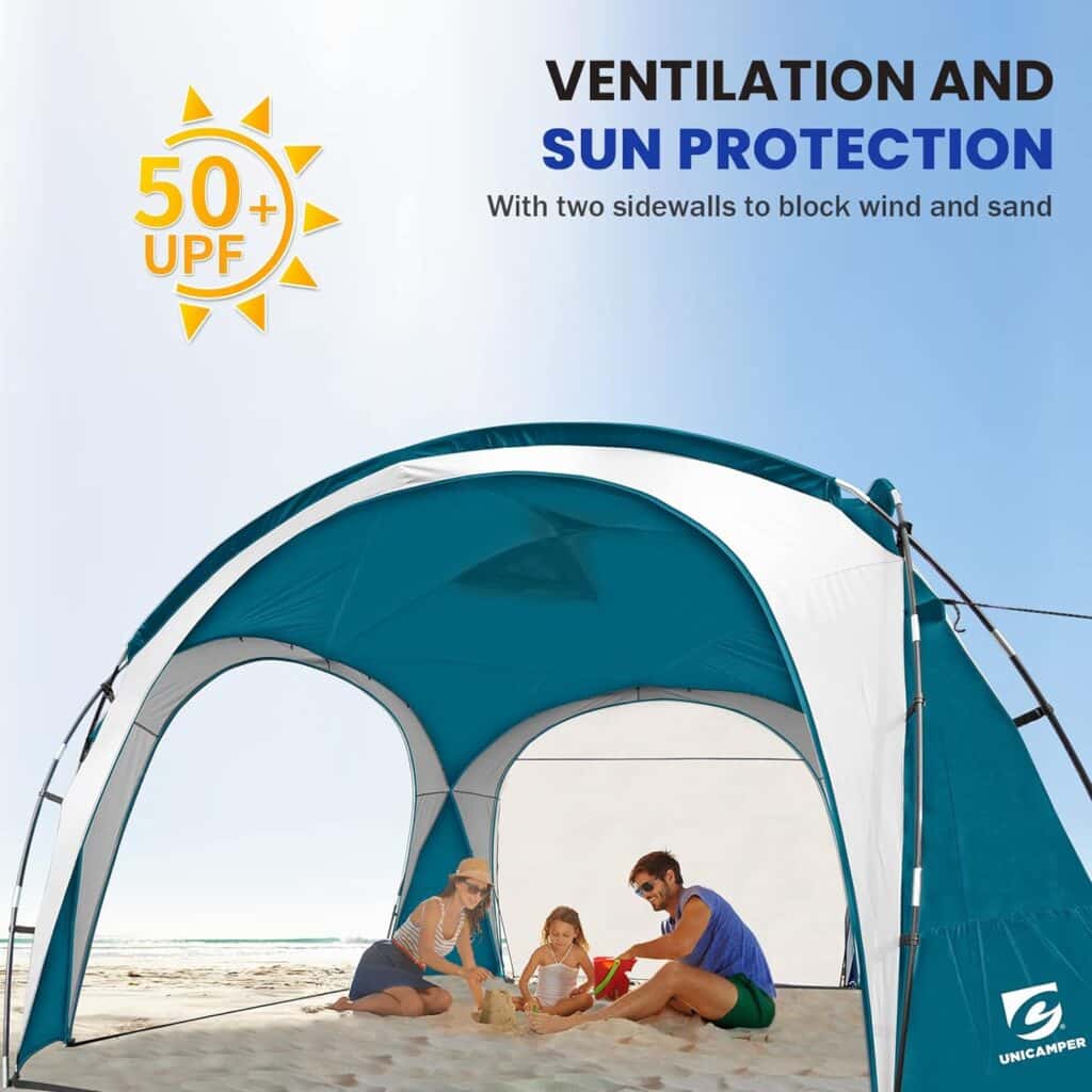 UNICAMPER Beach Tent 12 X 12ft Large UPF50+ Pop Up Canopy with 2-Pcs Side Wall, Sun Shelter Rainproof, Waterproof for Camping Trips, Backyard Fun, Fishing, Parties, Or Picnics(Ocean Blue)