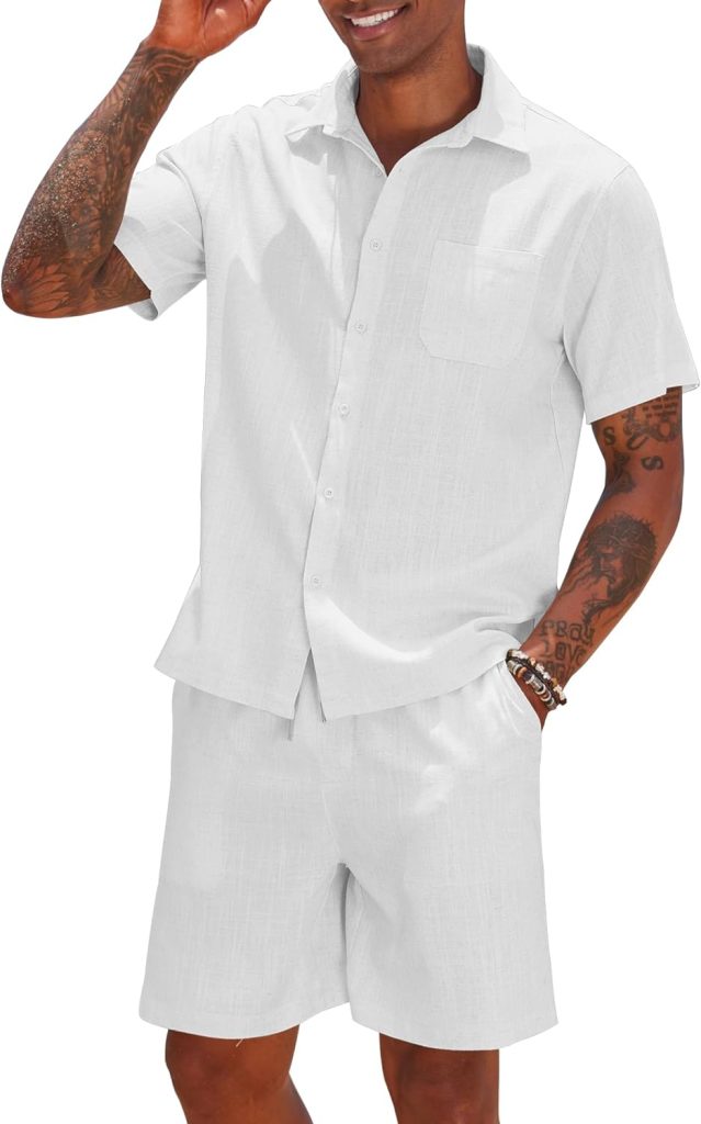 COOFANDY Men 2 Piece Linen Set Casual Short Sleeve Shirt and Short Beach Set COOFANDY Men 2 Piece Linen Set Casual Short Sleeve Shirt and Short Beach Set