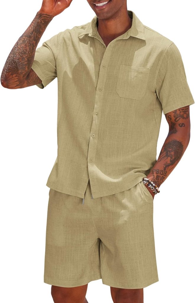 COOFANDY Men 2 Piece Linen Set Casual Short Sleeve Shirt and Short Beach Set COOFANDY Men 2 Piece Linen Set Casual Short Sleeve Shirt and Short Beach Set