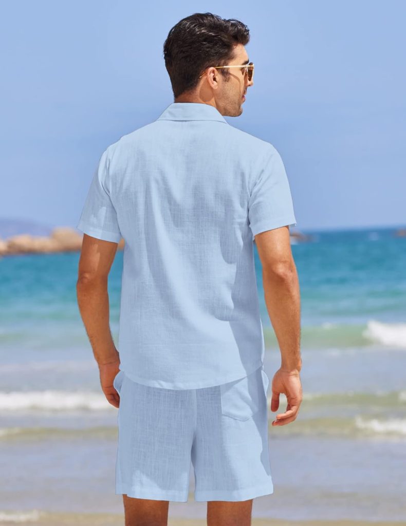 COOFANDY Men 2 Piece Linen Set Casual Short Sleeve Shirt and Short Beach Set COOFANDY Men 2 Piece Linen Set Casual Short Sleeve Shirt and Short Beach Set