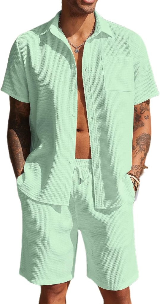 COOFANDY Men 2 Piece Short Sets Outfits Beach Button Down Short Sleeve Shirt and Short Sets