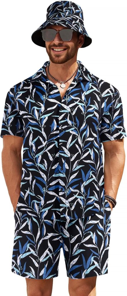 COOFANDY Mens Hawaiian Shirt and Short Set Flower 2-pieces Beach Outfit with Bucket Hats