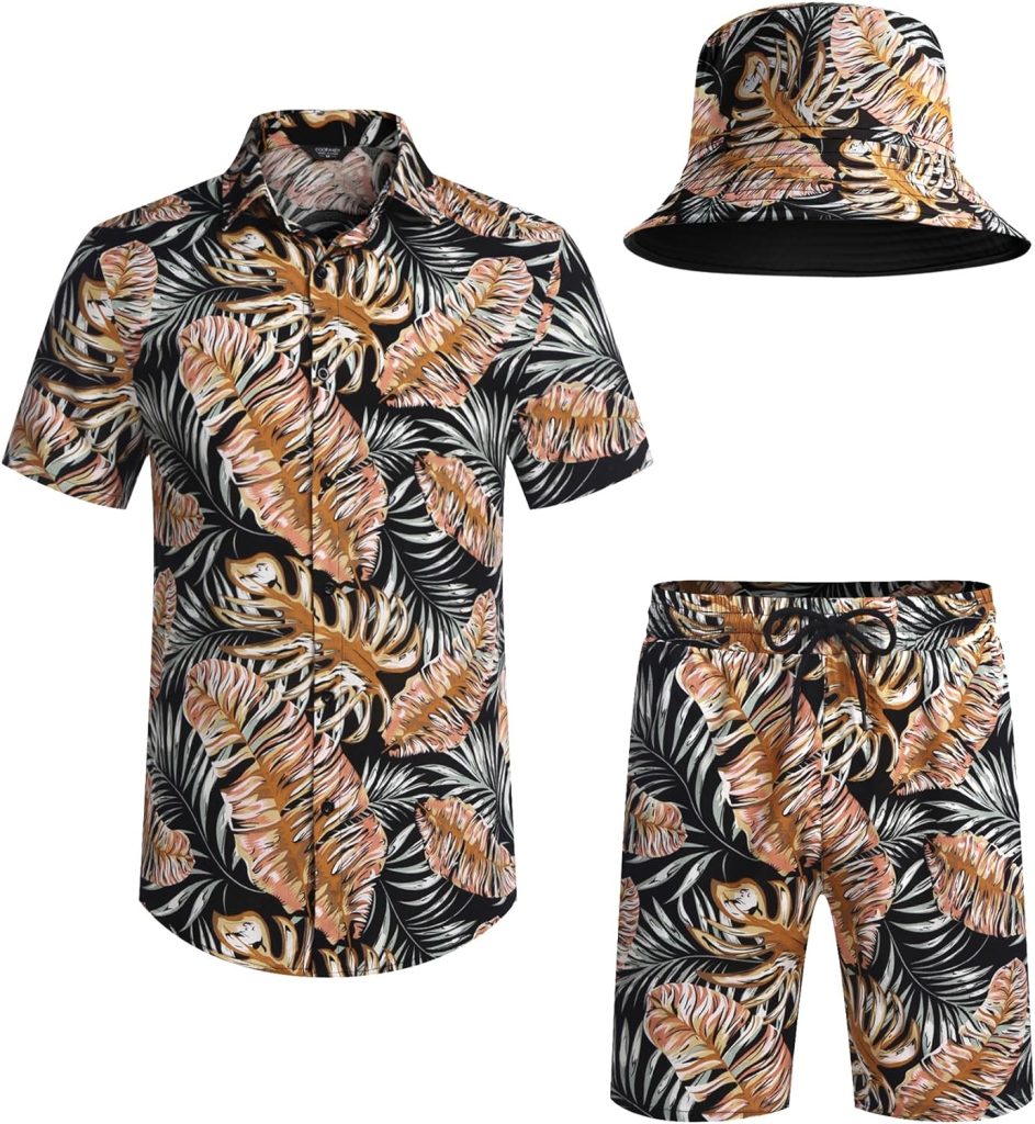 COOFANDY Mens Hawaiian Shirt and Short Set Flower 2-pieces Beach Outfit with Bucket Hats