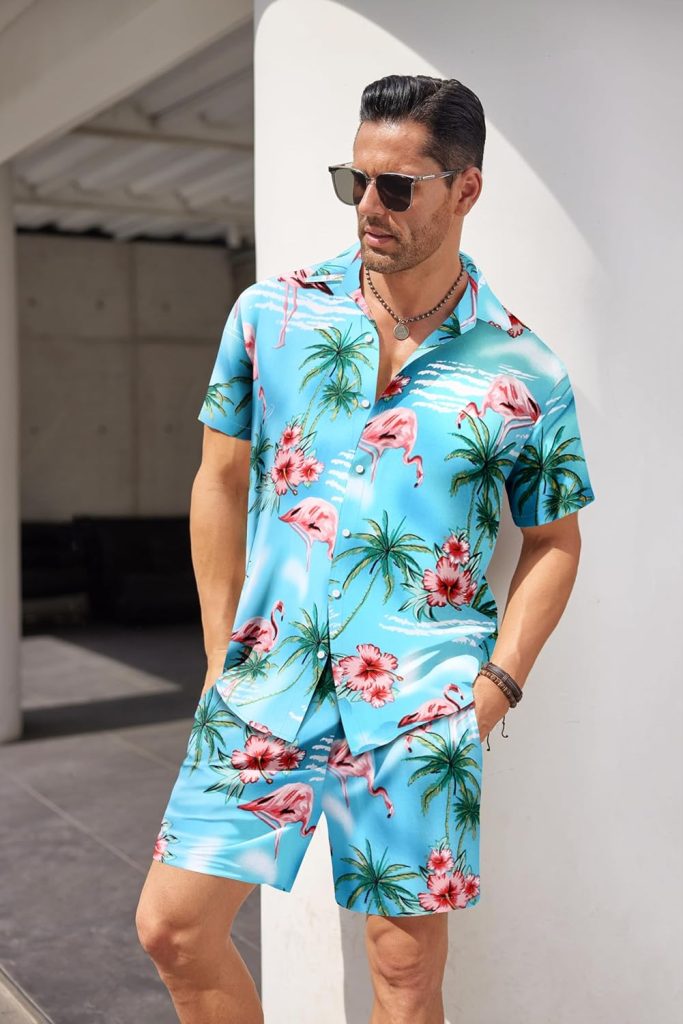 COOFANDY Mens Hawaiian Shirt and Short Set Flower 2-pieces Beach Outfit with Bucket Hats