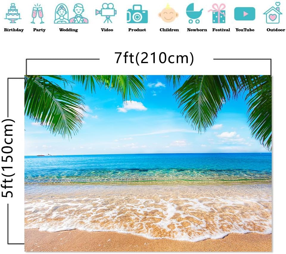 DOTOOMA 7X5FT Seaside Sand Beach Sea Wave Background Photography Blue Sky Palms Leaf Kids Birthday Party Backdrop Travel Vacation Hawaiian Photo Shoot Studio Props Polyester