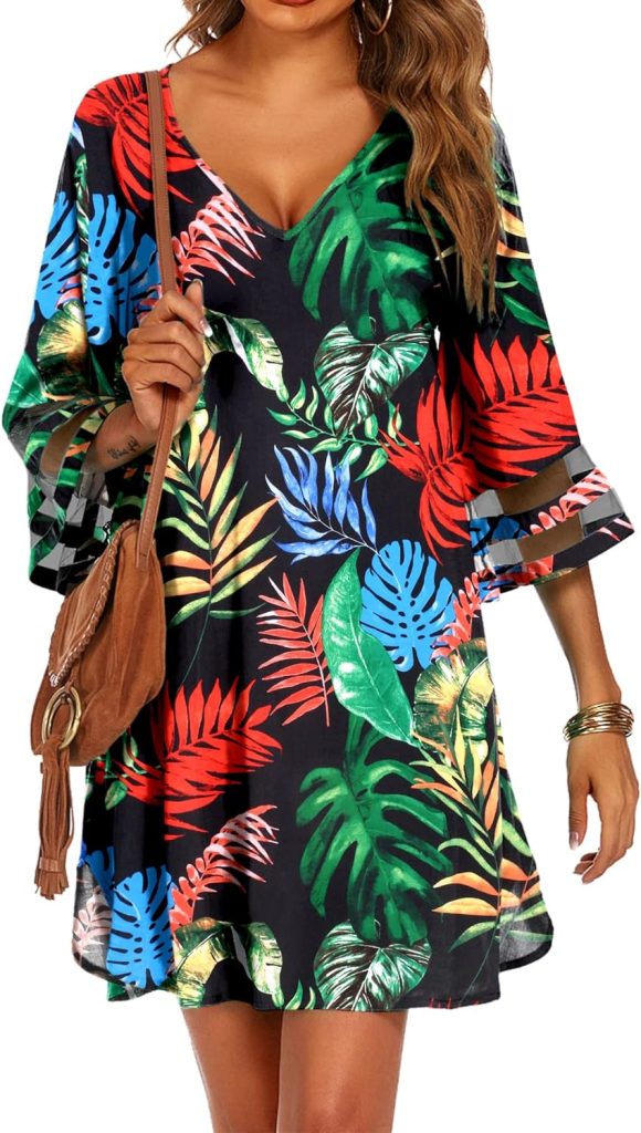 Ekouaer Womens Swimsuit Cover Up 3/4 Bell Sleeve Beachwear Coverups Deep V-Neck Bikini Beach Dress S-3XL