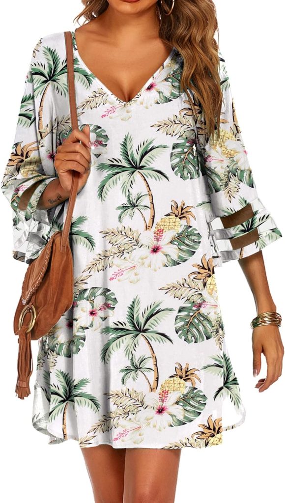 Ekouaer Womens Swimsuit Cover Up 3/4 Bell Sleeve Beachwear Coverups Deep V-Neck Bikini Beach Dress S-3XL