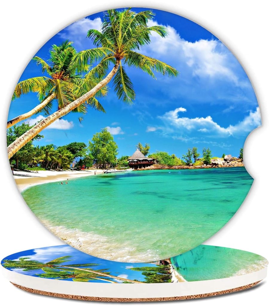 Hawaii Beach Palm Trees Car Coasters,Ceramic Absorbent Cup Holders with Finger Notch  Cork Base Car Assecories for Women/Men 2.6(2 Pieces)
