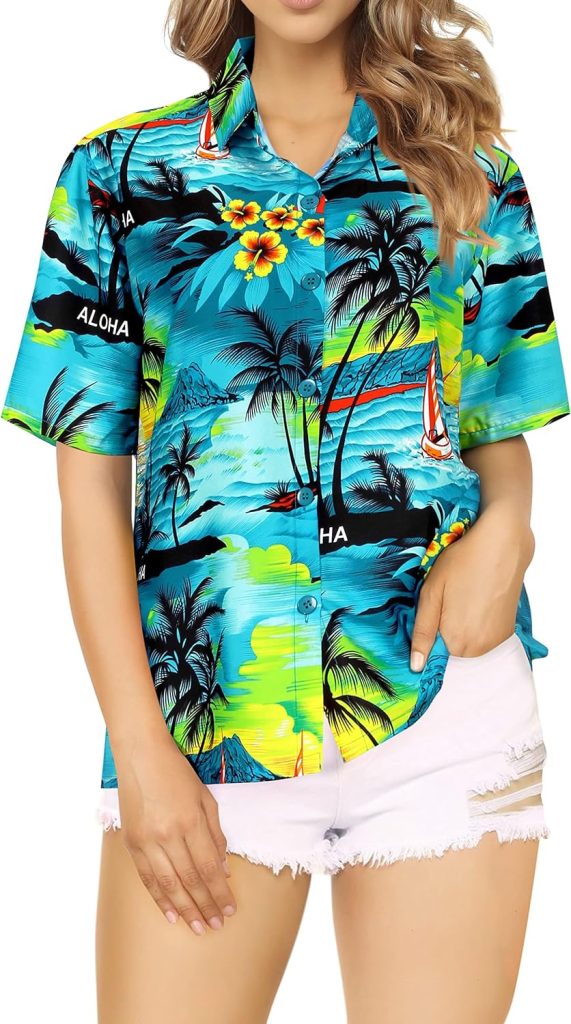 LA LEELA Womens Tropical Ladies Blouse Dress Shirt Button Down Short Sleeve Beach Hawaiian Summer Shirts for Women Vacation