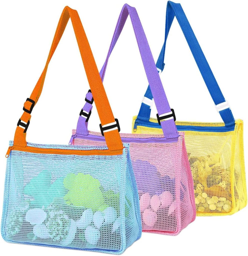 Mesh Bag for Holding Beach Shell,3 Pack Beach Sand Toy Totes for Holding Shells,Beach Toys Sand Toys Swimming Accessories for Boys and Girls(Pink/Blue/Yellow)