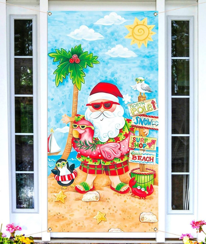 Sunwer Christmas in July Door Cover Tropical Summer Beach Hawaiian Themed Party Decoration Santa Palm Tree Front Porch Sign Backdrop Banner for Home Indoor Outdoor Decor