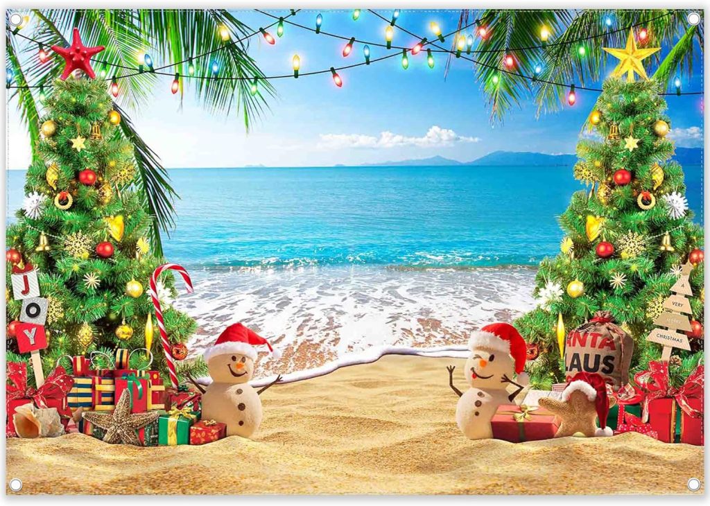 ZTHMOE 7x5ft Polyester Christmas in July Backdrop Summer Hawaiian Beach Tropical Tree Photography Background Baby Its Warm Outside Banner Party Decorations Photo Props