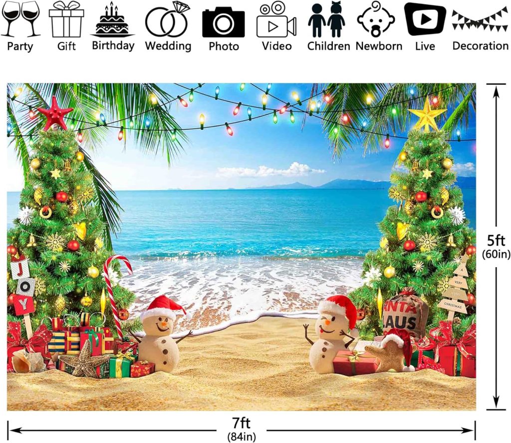 ZTHMOE 7x5ft Polyester Christmas in July Backdrop Summer Hawaiian Beach Tropical Tree Photography Background Baby Its Warm Outside Banner Party Decorations Photo Props