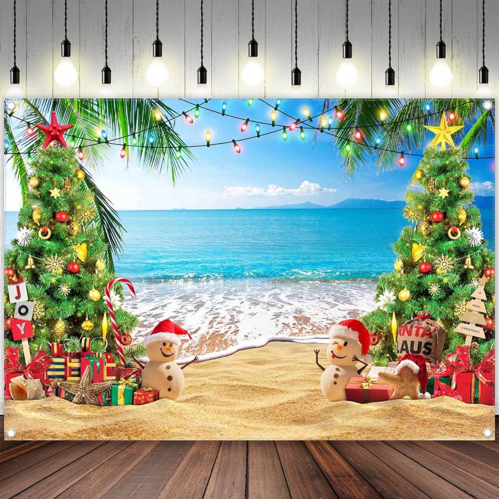 ZTHMOE 7x5ft Polyester Christmas in July Backdrop Summer Hawaiian Beach Tropical Tree Photography Background Baby Its Warm Outside Banner Party Decorations Photo Props