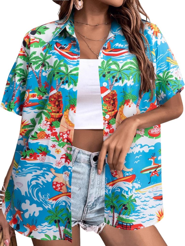 Merry Christmas Button Up Blouse Women Christmas Hawaiian Shirt Ugly Christmas Shirt Funny Button Up Short Sleeve Top