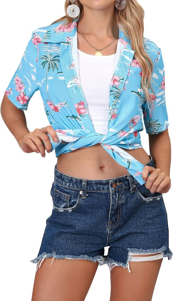 ZXZY Women Summer Hawaii Shirts Soft Cool Floral Tropic Print Short Sleeve Button Up Tops T-Shirt