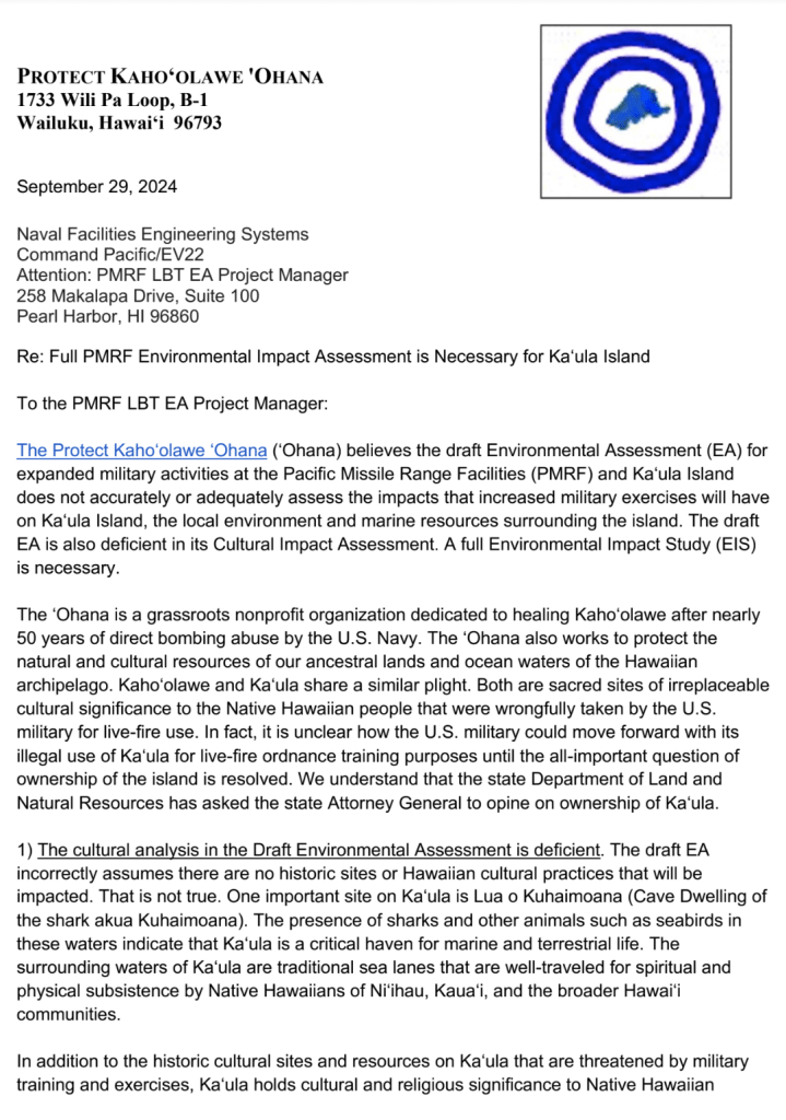 Protect Kahoʻolawe ʻOhana asserts full Environmental Impact Assessment is necessary for Kaʻula Island Protect Kahoʻolawe ʻOhana asserts full Environmental Impact Assessment is necessary for Kaʻula Island